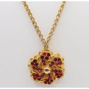 Colorful Red Pink Rhinestone Flower Pendant Chain Fashion Necklace 24" Unsigned